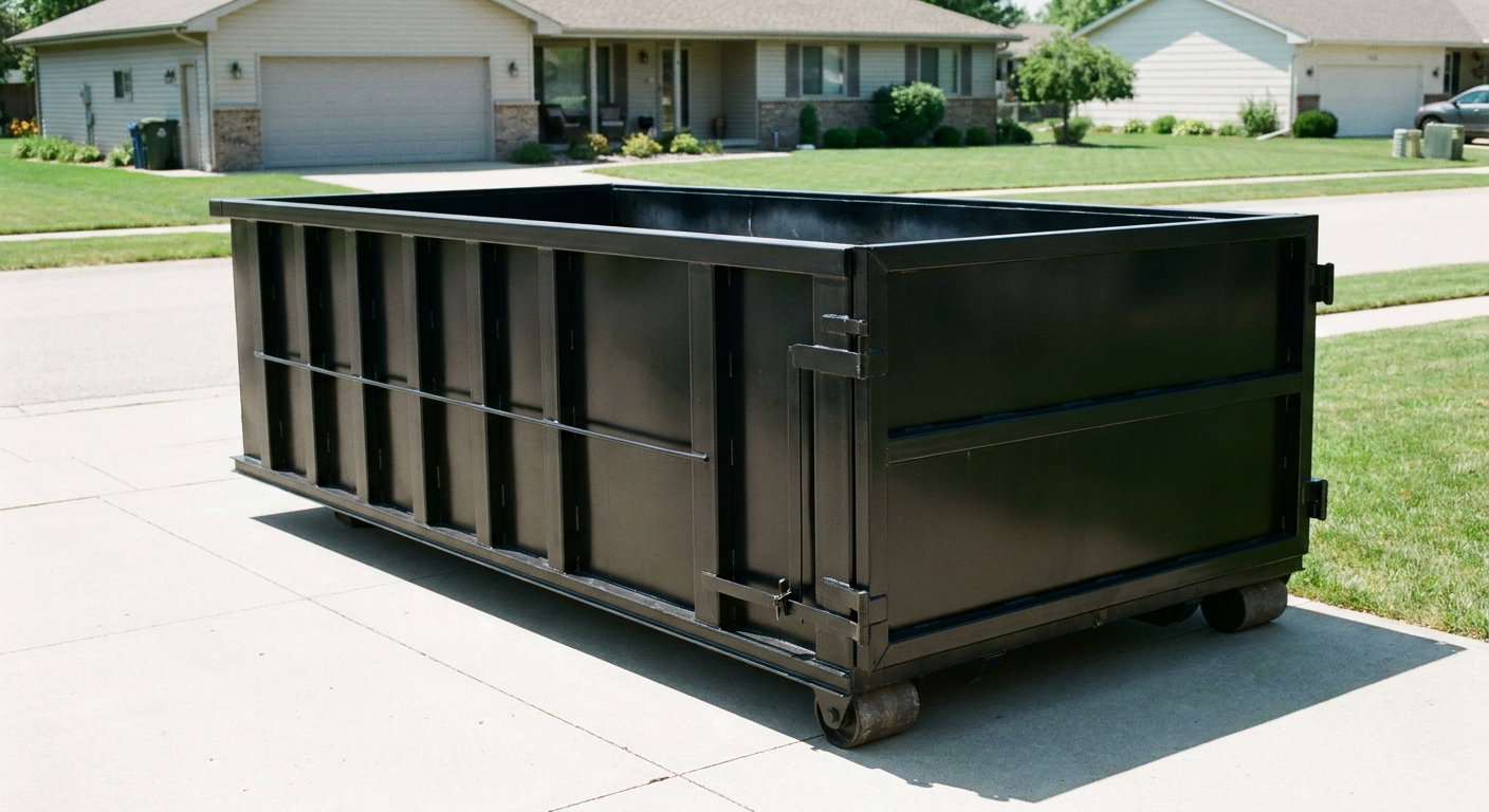 Matte-black 10-yard roll-off dumpster on a residential concrete driveway in Owings Mills, uniformly painted matte black across every panel and rail, ribbed steel sidewalls and rear swing door visible, mid-day daylight.