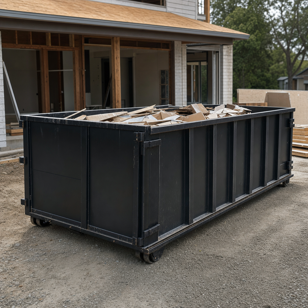 Large matte-black 30-yard construction roll-off dumpster at an active Owings Mills jobsite, steel-gray top rails and bottom rollers visible, loaded with construction debris.