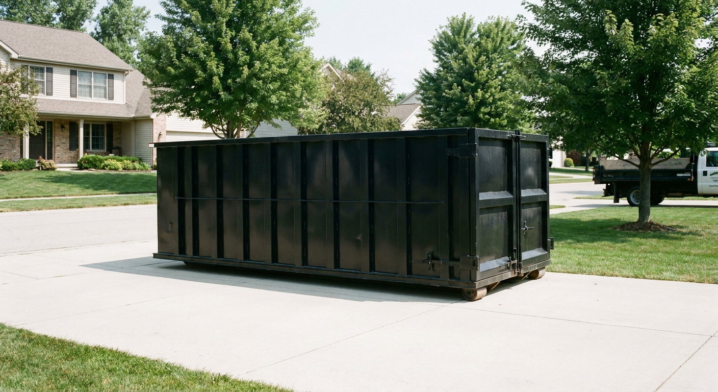 Matte-black 20-yard roll-off dumpster sitting level on a clean Owings Mills residential concrete driveway under bright daylight, demonstrating clean placement directly on the concrete.