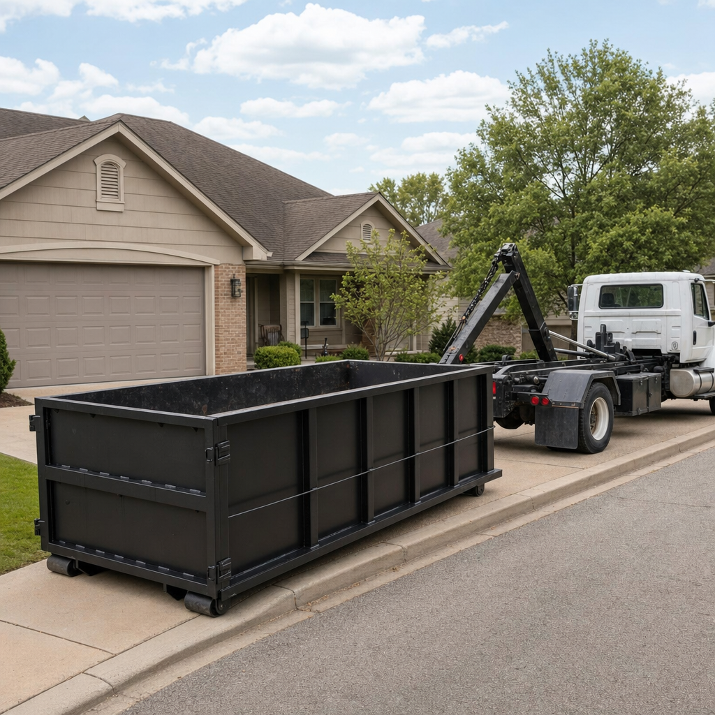 Wide documentary shot of a matte-black roll-off dumpster on a Owings Mills residential driveway in the foreground and a contractor jobsite container in the soft-focus background, bright daylight, calm and orderly composition.